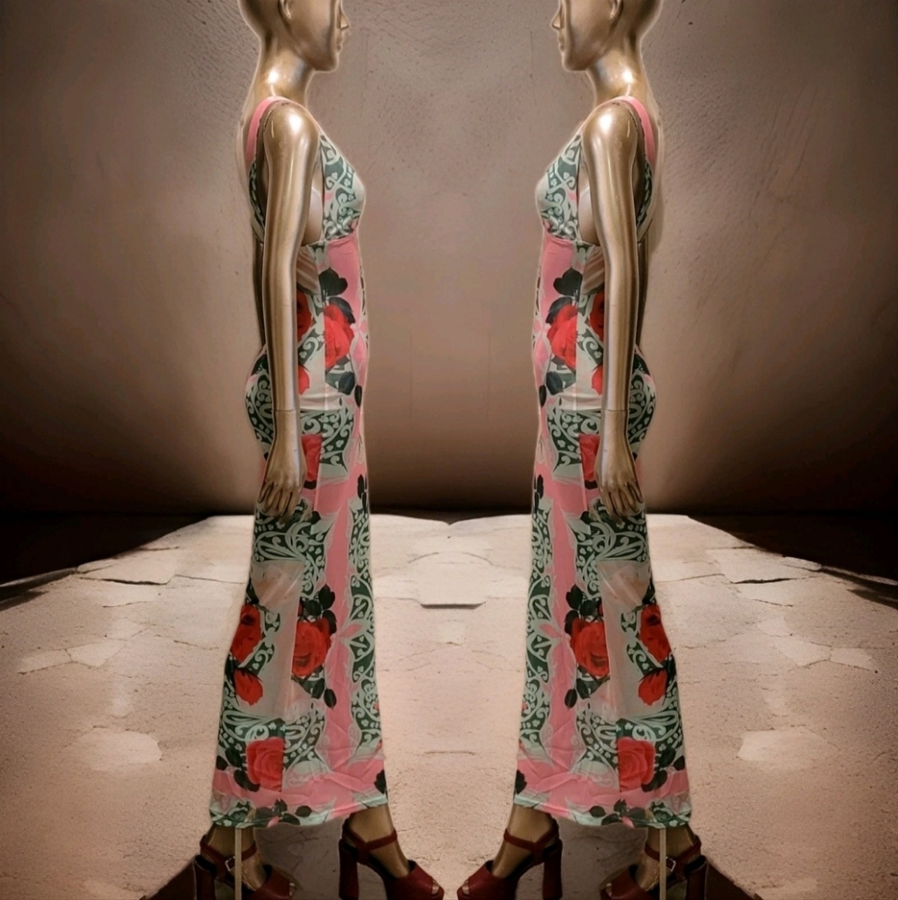 NWT Sexy Vibrant Romantic Floral Print Mesh Bodycon Maxi Dress Sz S - Picture 7 of 16